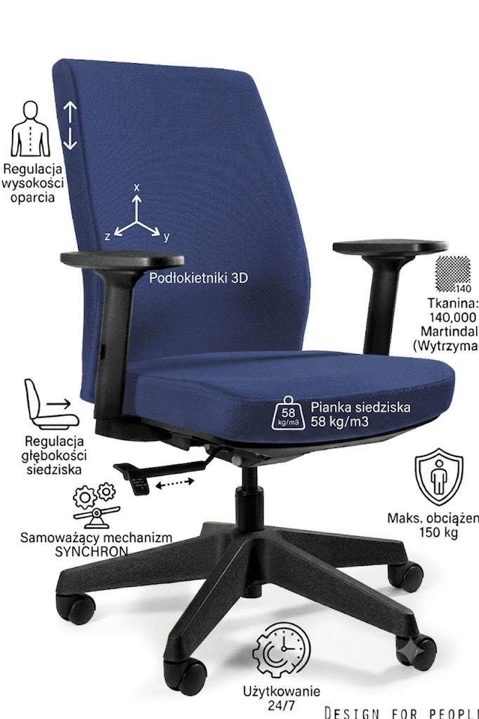 Fotel obrotowy WORK z atestem do pracy 24/7 - BL415 ROYALBLUE