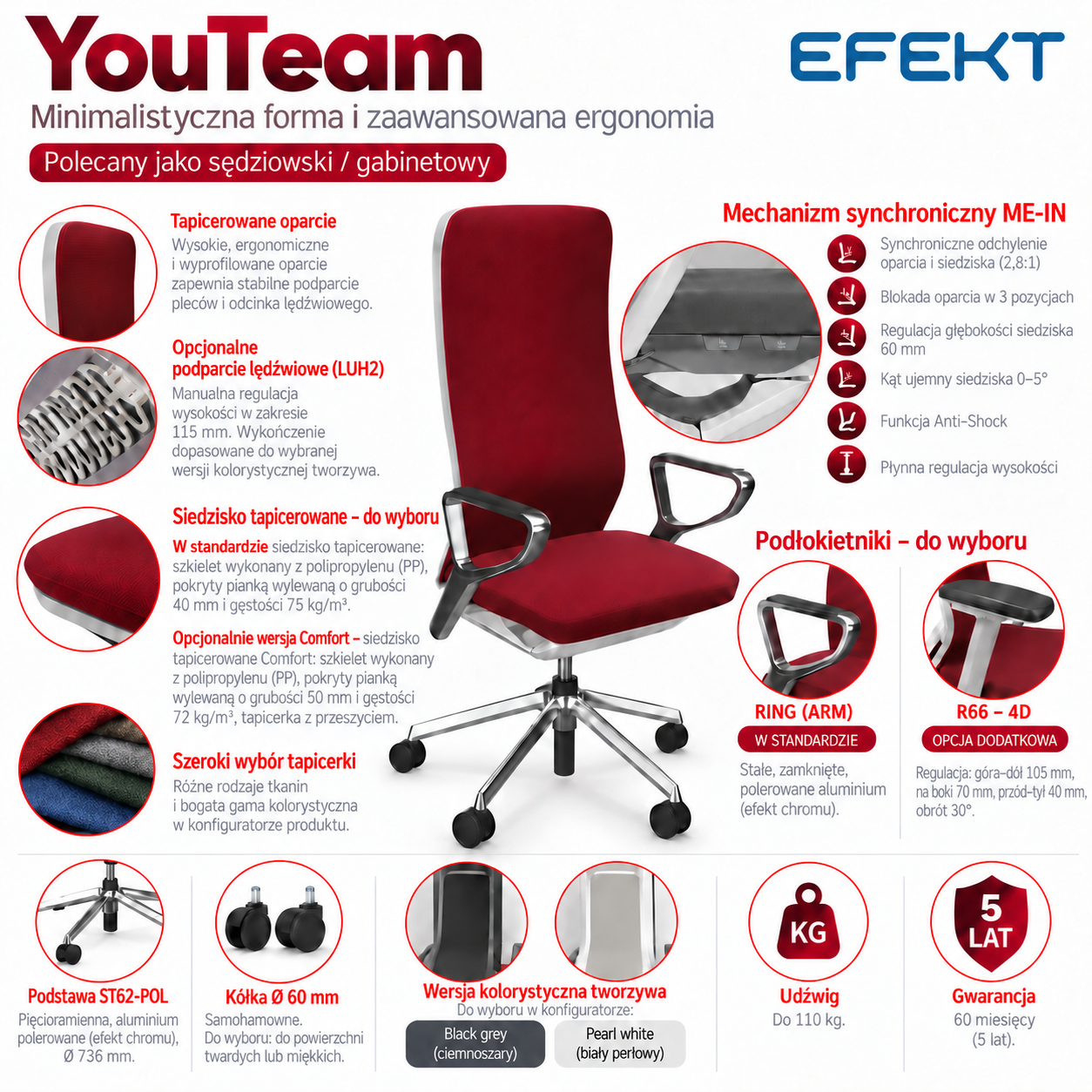 Fotel ergonomiczny sędziowski i gabinetowy wysoki YouTEAM bez zagłówka