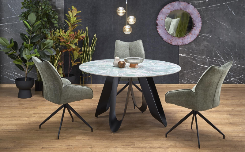 GIOVANI stół okrągły 135/76/60 cm, blat - zielony marmur, nogi - czarny
