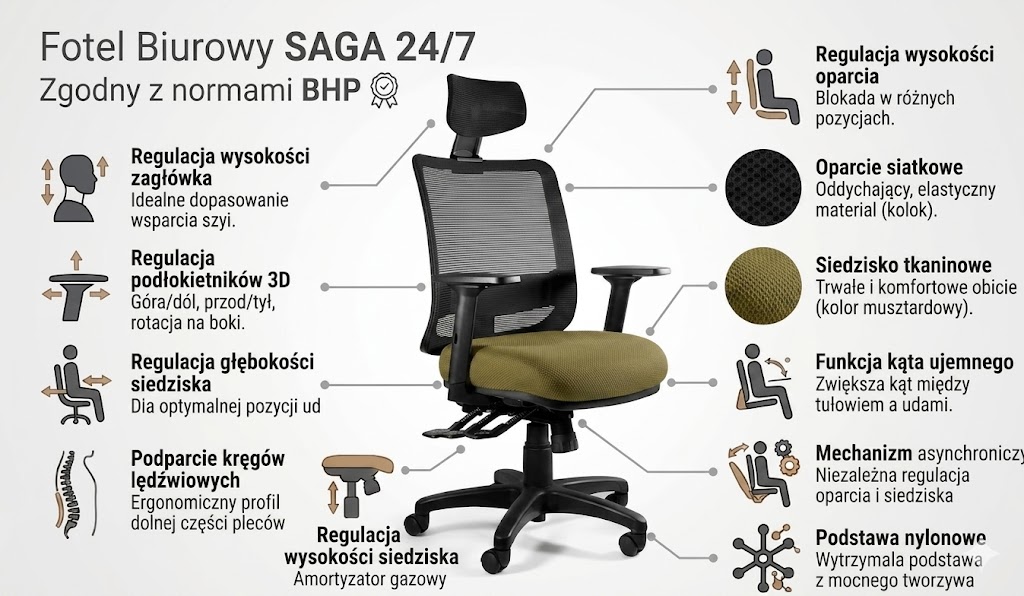 SAGA (1219) Fotel biurowy - SIATKA SM01 CZARNA/TKANINA BL408 KHAKI