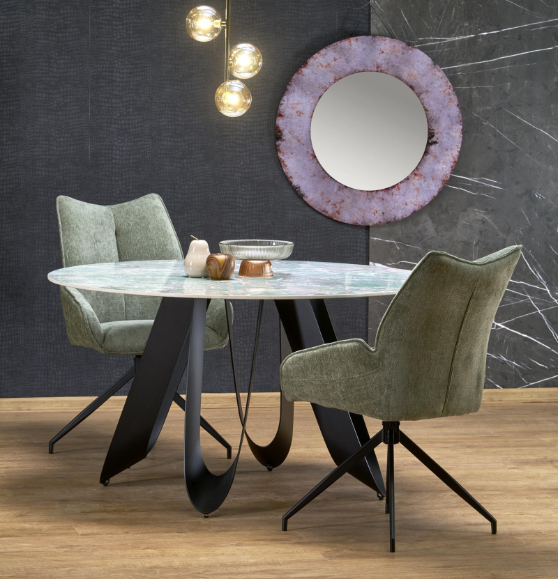 GIOVANI stół okrągły 135/76/60 cm, blat - zielony marmur, nogi - czarny