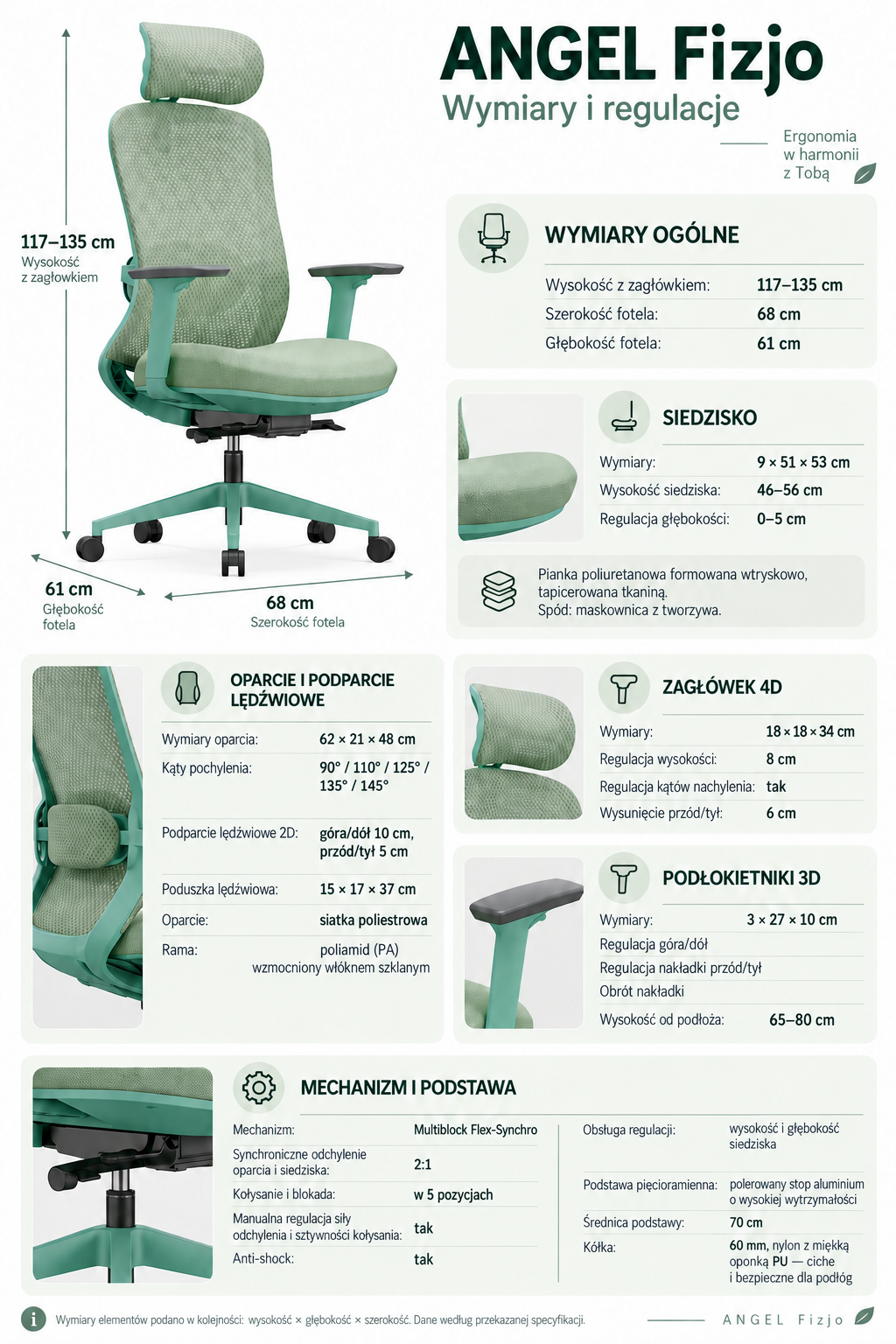Fotel biurowy ergonomiczny ANGEL fizjO miętowy z funkcją masażu