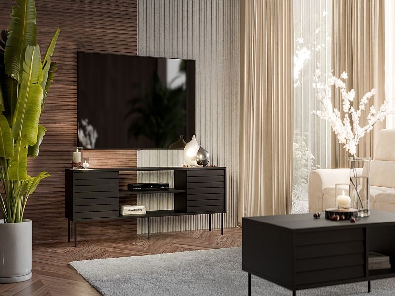 CORTINA szafka RTV 180 EF  czarny/czarny ( 1 szt.=1 p. ), z możliwością montażu kominka - kupowany oddzielnie