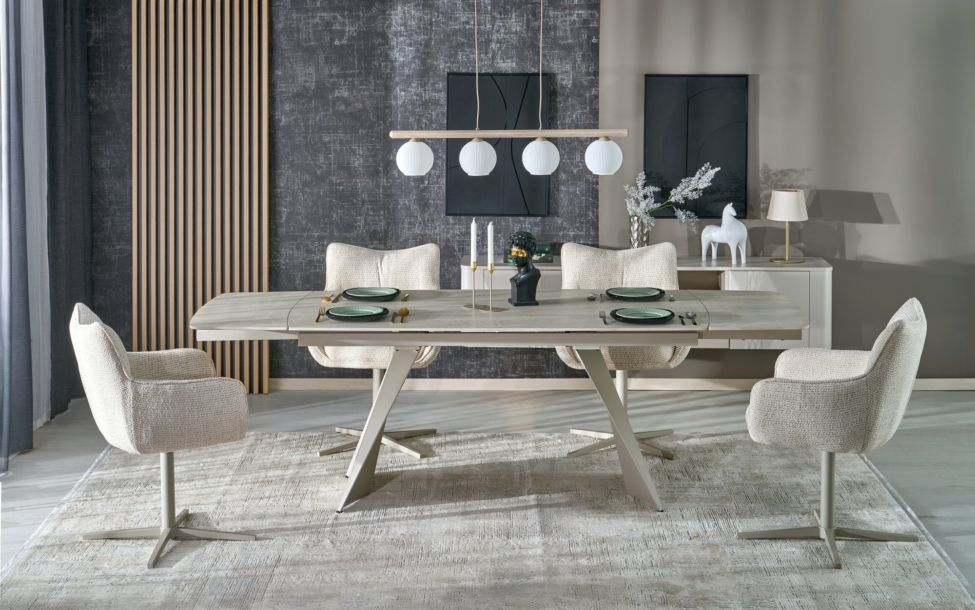 ARMANI stół rozkładany, blat - trawertyn, nogi - kaszmir (2p=1szt)