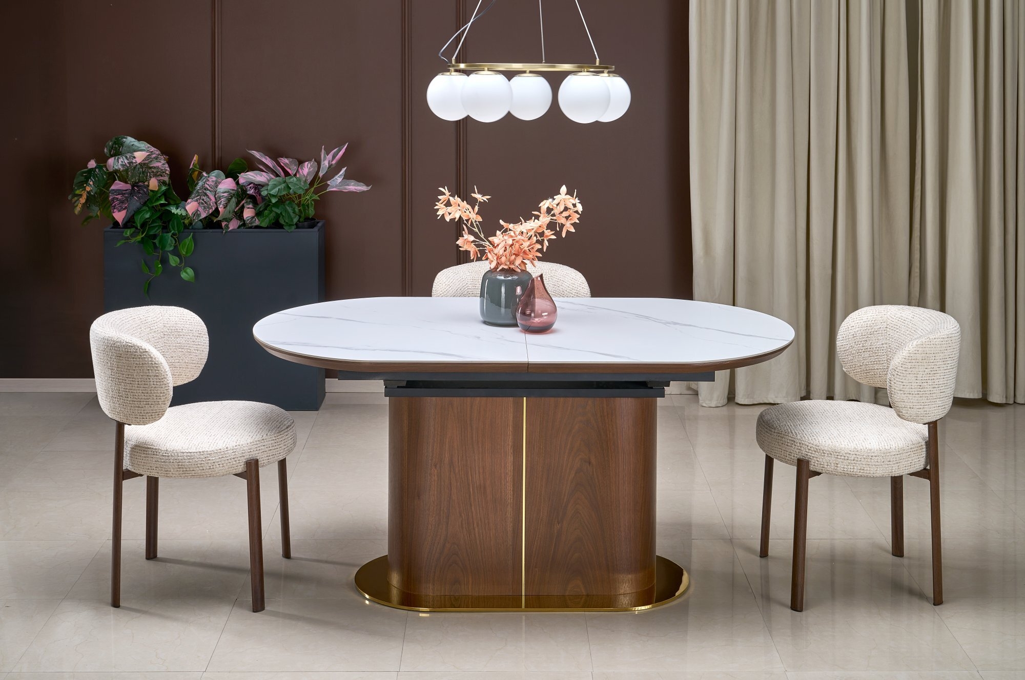 GIBSON stół rozkładany, biały marmur / orzechowy / złoty (3p=1szt)