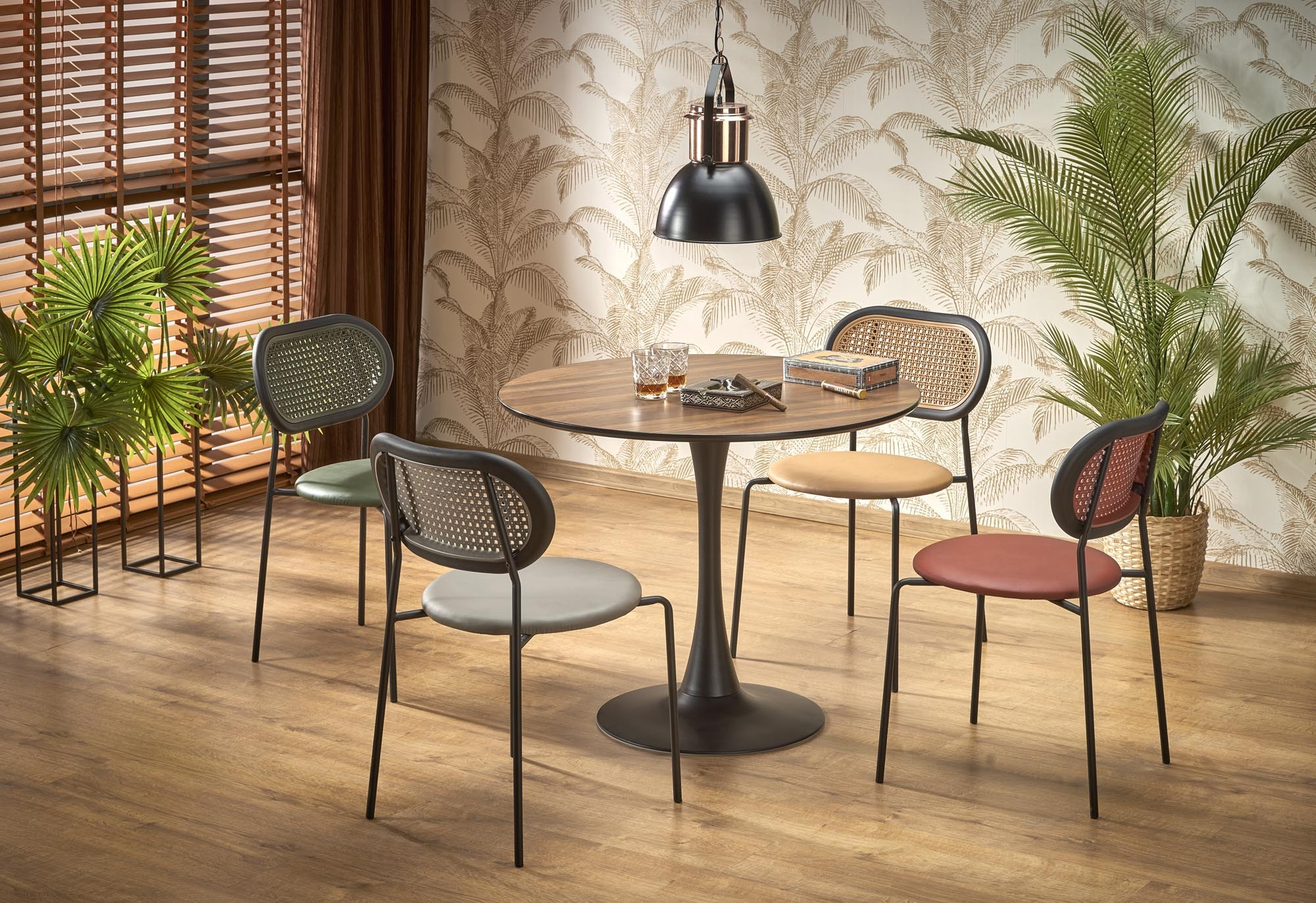 OLMO stół okrągły fi 90/73 cm, dąb złoty / czarny