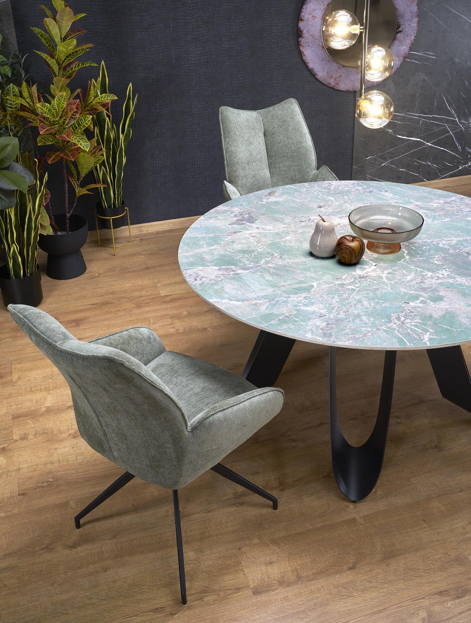 GIOVANI stół okrągły 135/76/60 cm, blat - zielony marmur, nogi - czarny