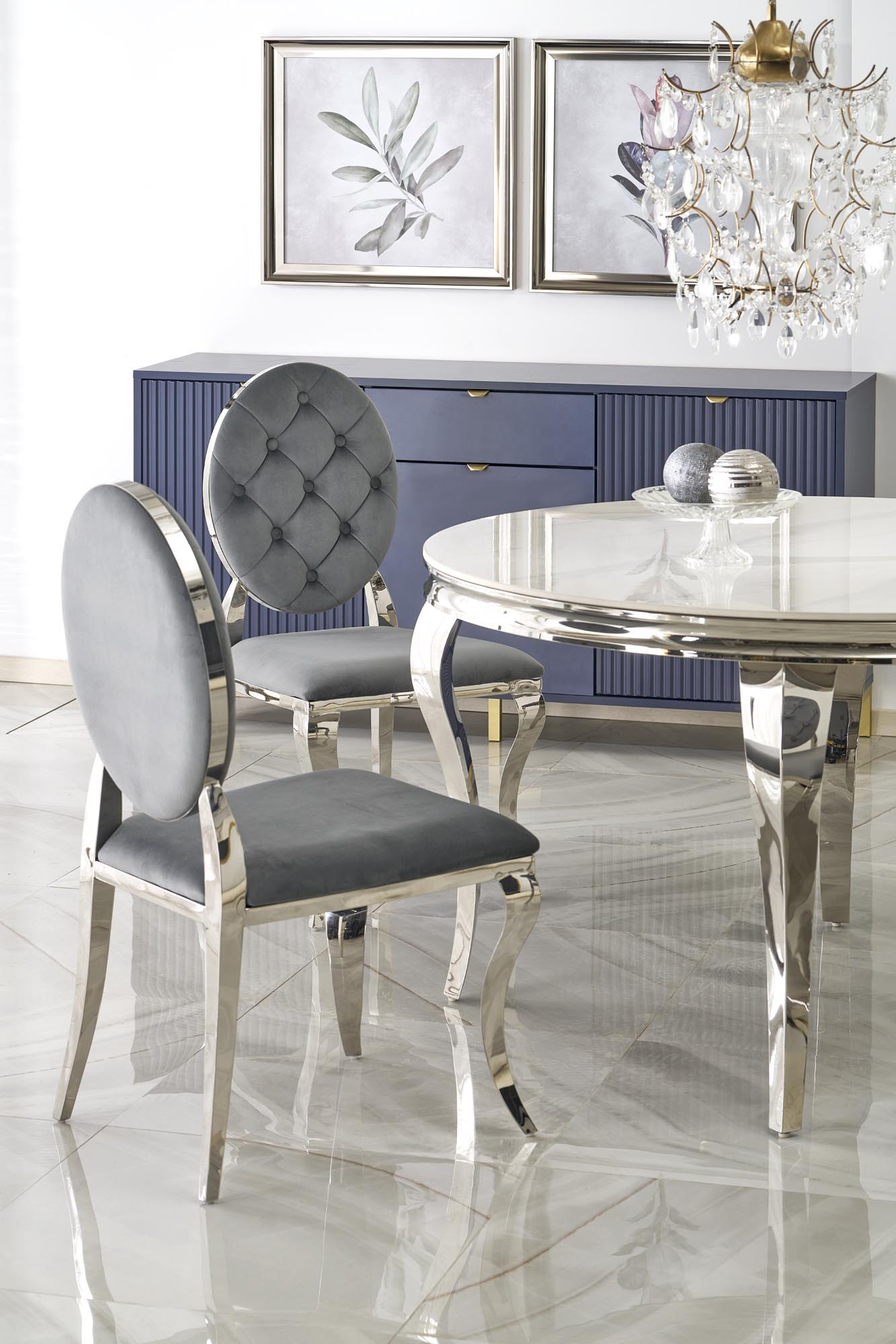 REGINALD stół okrągły 120/76 cm, blat - biały marmur, nogi - srebrny