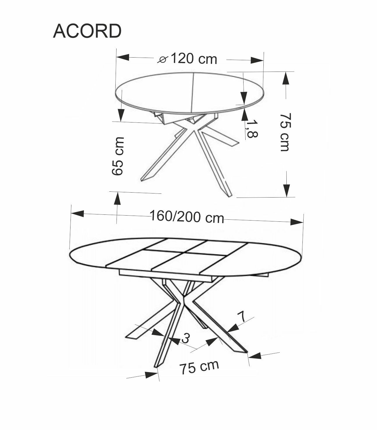 ACORD stół rozkładany 120-200/120/75 cm, naturalny / czarny