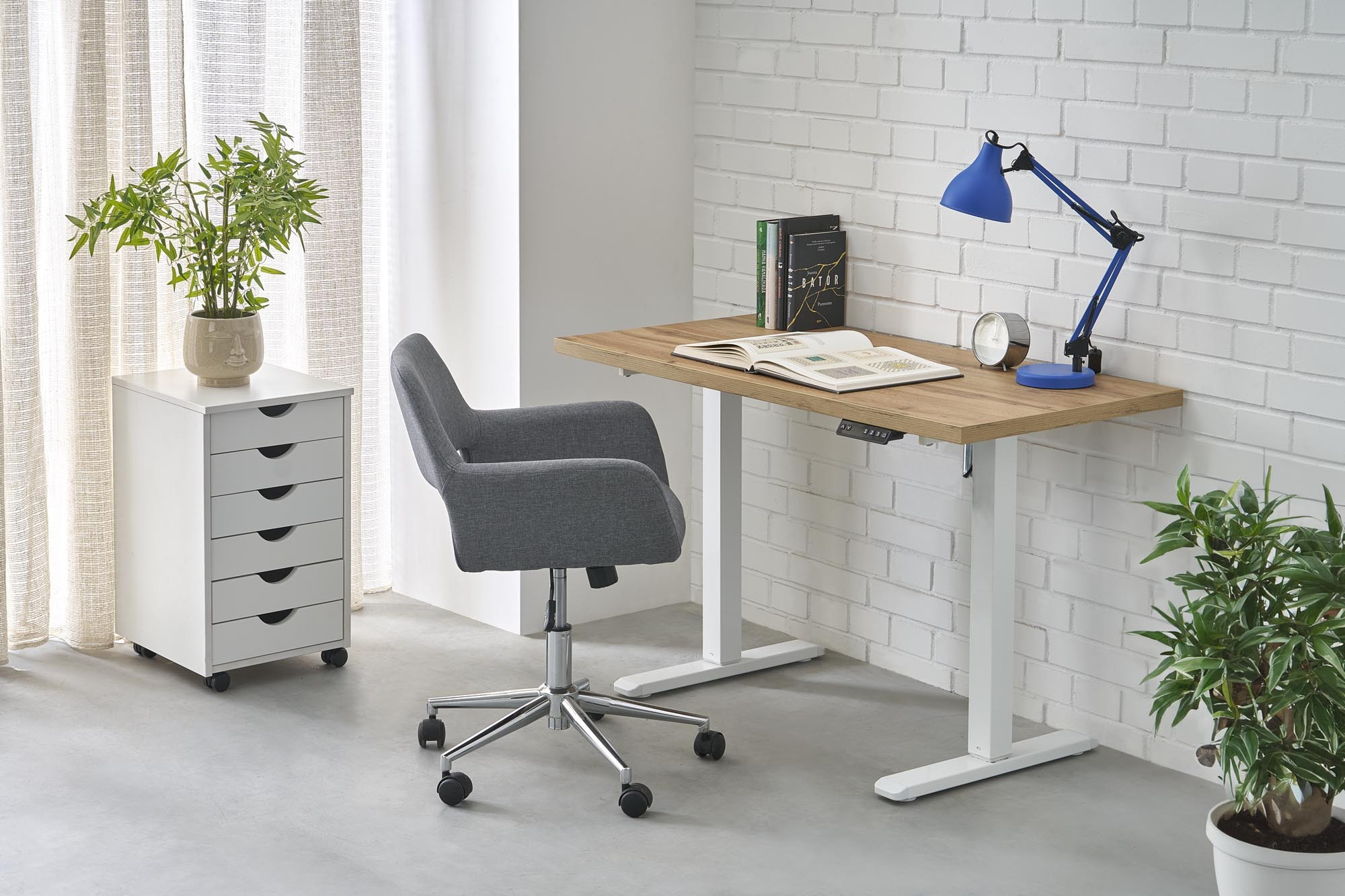 B54 biurko z funkcją regulacji wysokości, blat - dąb artisan, stelaż - biały