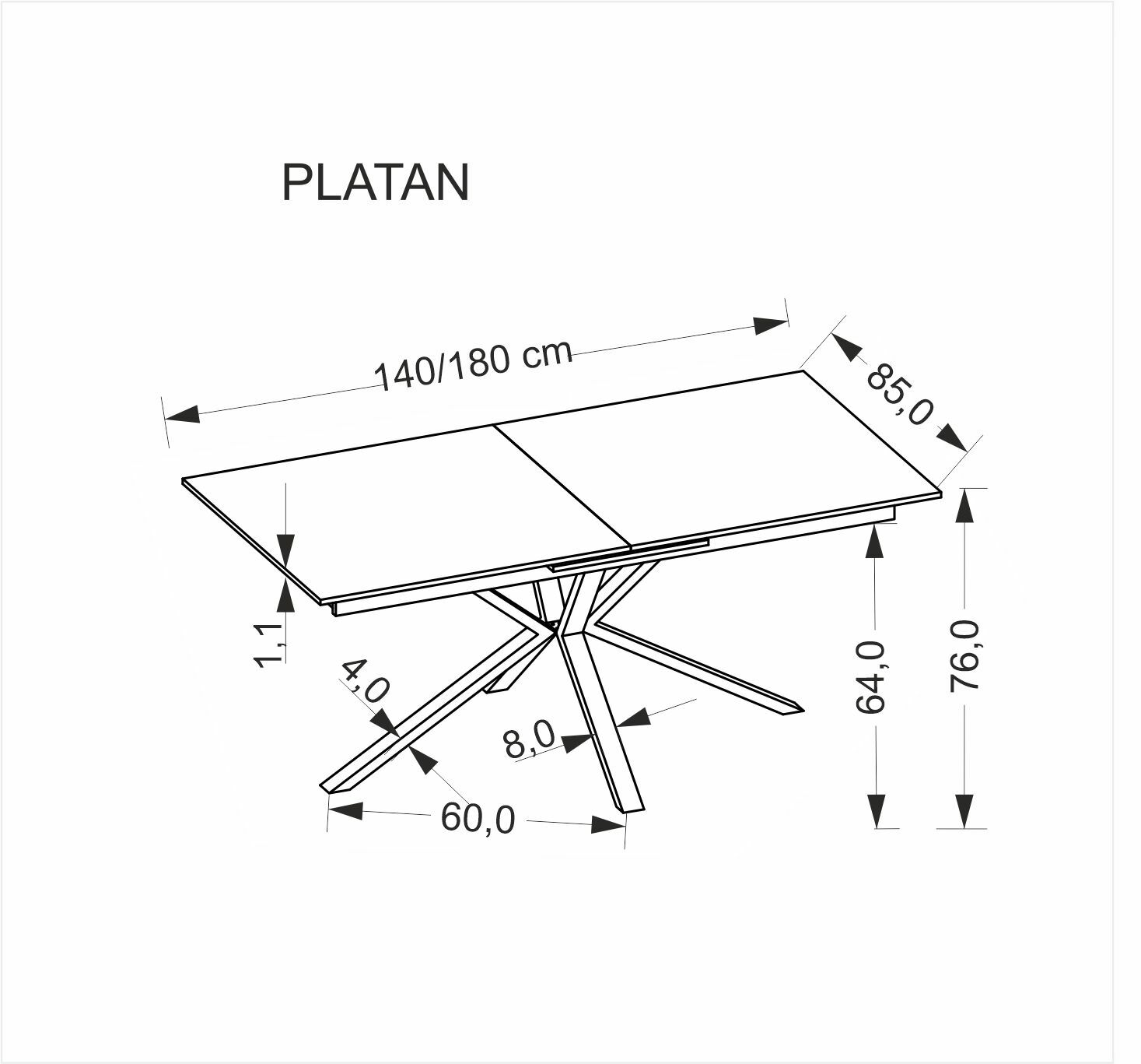 PLATAN stół rozkładany 140-180/85/76 cm, biały marmur / czarny