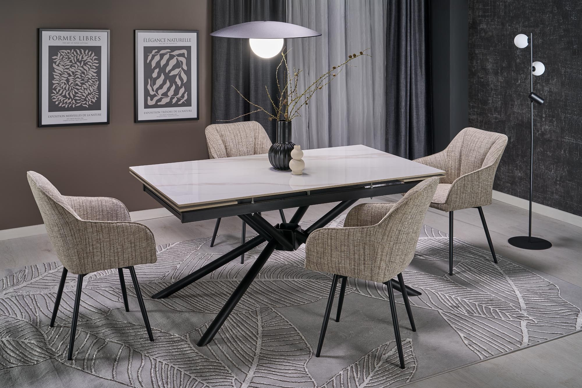 VITORINO stół rozkładany, blat - biały marmur, nogi - czarny