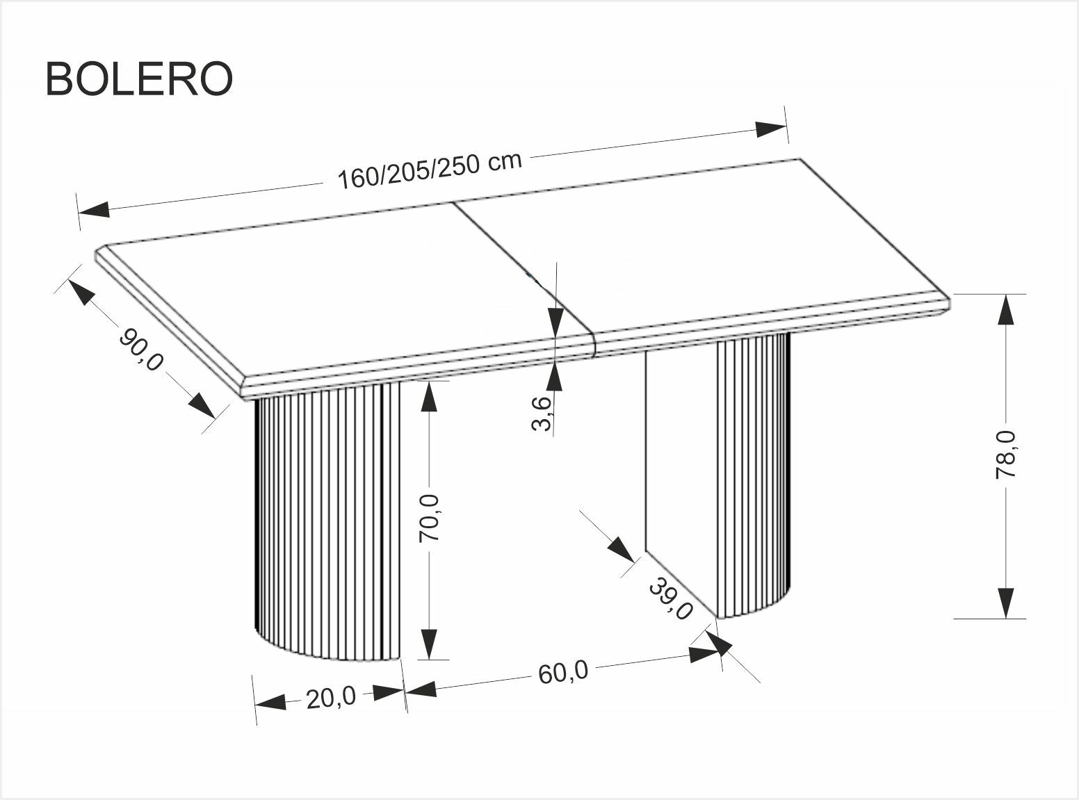BOLERO stół rozkładany 160-250x90x78 cm dąb naturalny/czarny