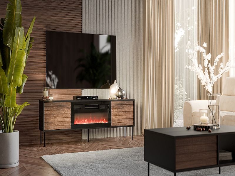 CORTINA szafka RTV 180 EF  czarny/orzech ( 1 szt.=1 p. ), z możliwością montażu kominka - kupowany oddzielnie