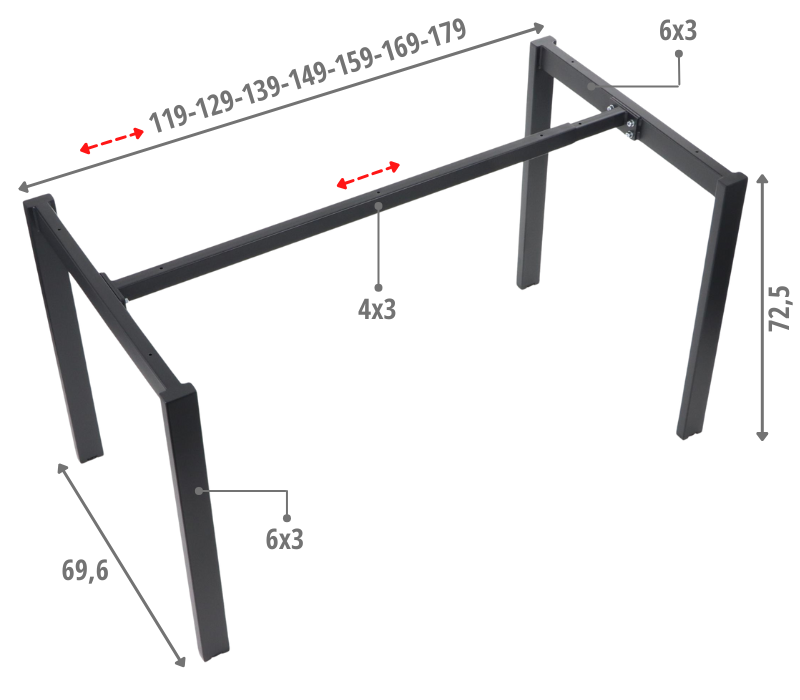 Stelaż metalowy do stołu/biurka NY-132A/70 z regulacją długości belki 119 - 179 x szer.69,6 x wys. 72,5 kolor czarny