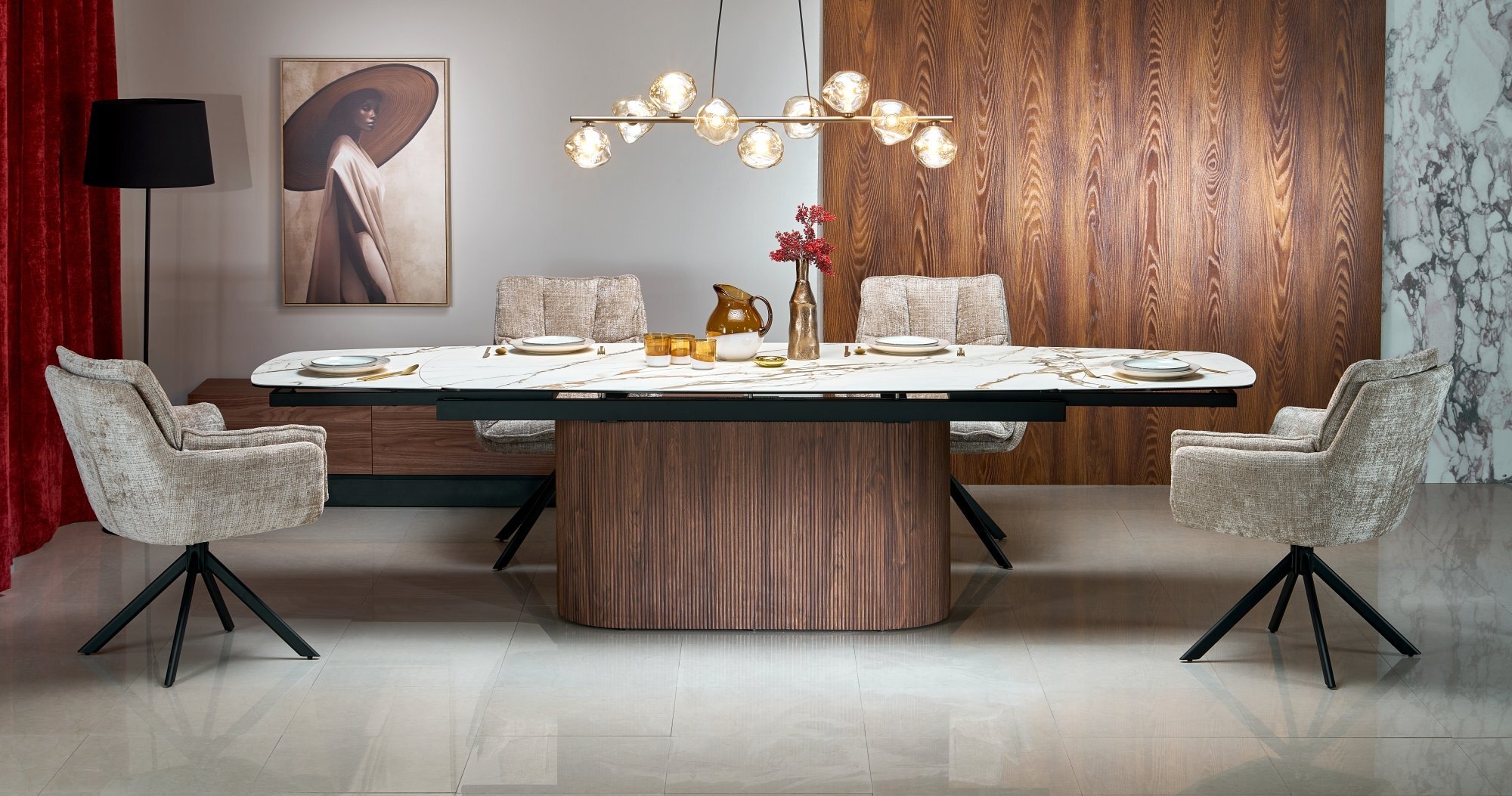 FLAVOR stół rozkładany biały marmur / orzechowy