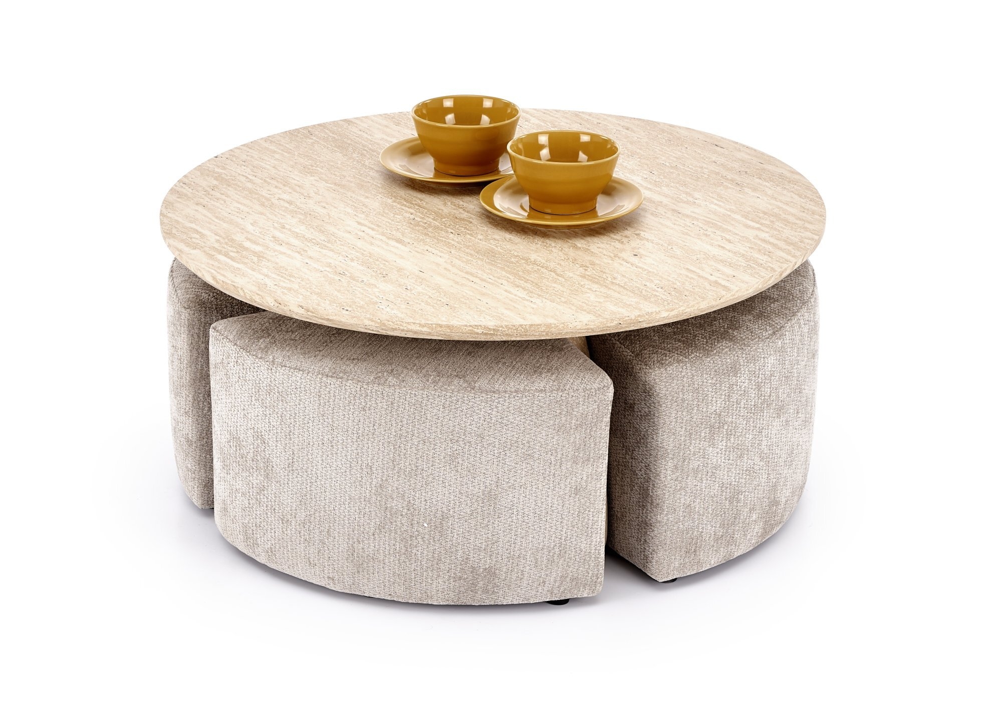 NUGAT ława z pufami ława: trawertyn, pufa: jasny popiel (2p=1szt)