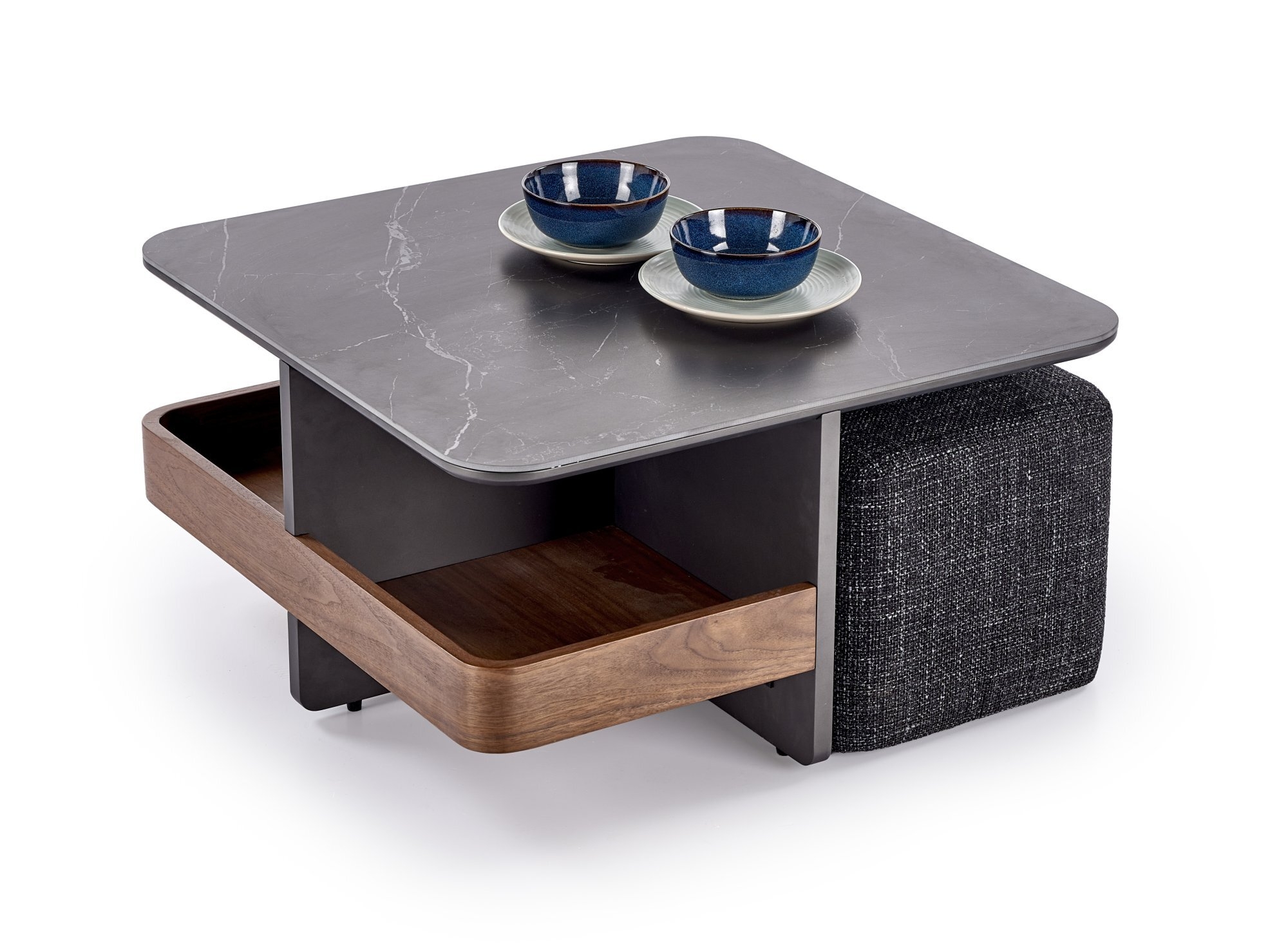 VICKER ława z pufami blat: czarny marmur, rama: czarny / orzech, pufa: ciemny popiel (2p=1szt)
